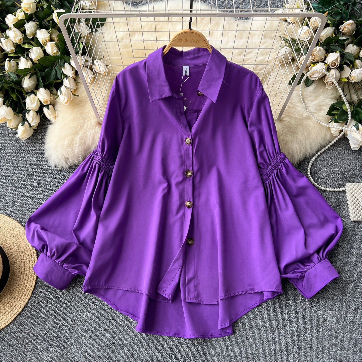 Pleated Lantern-sleeve Single-breasted Loose-fitting Versatile Shirt