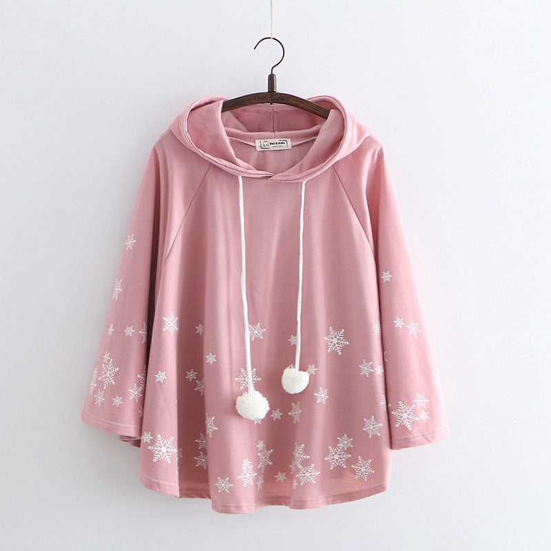 Japanese College Style Cartoon Snowflake Print Hooded Pullover