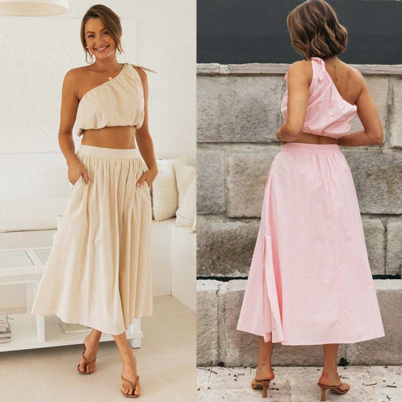 Women's Fashionable Two-piece Sloping Shoulder Bow Skirt