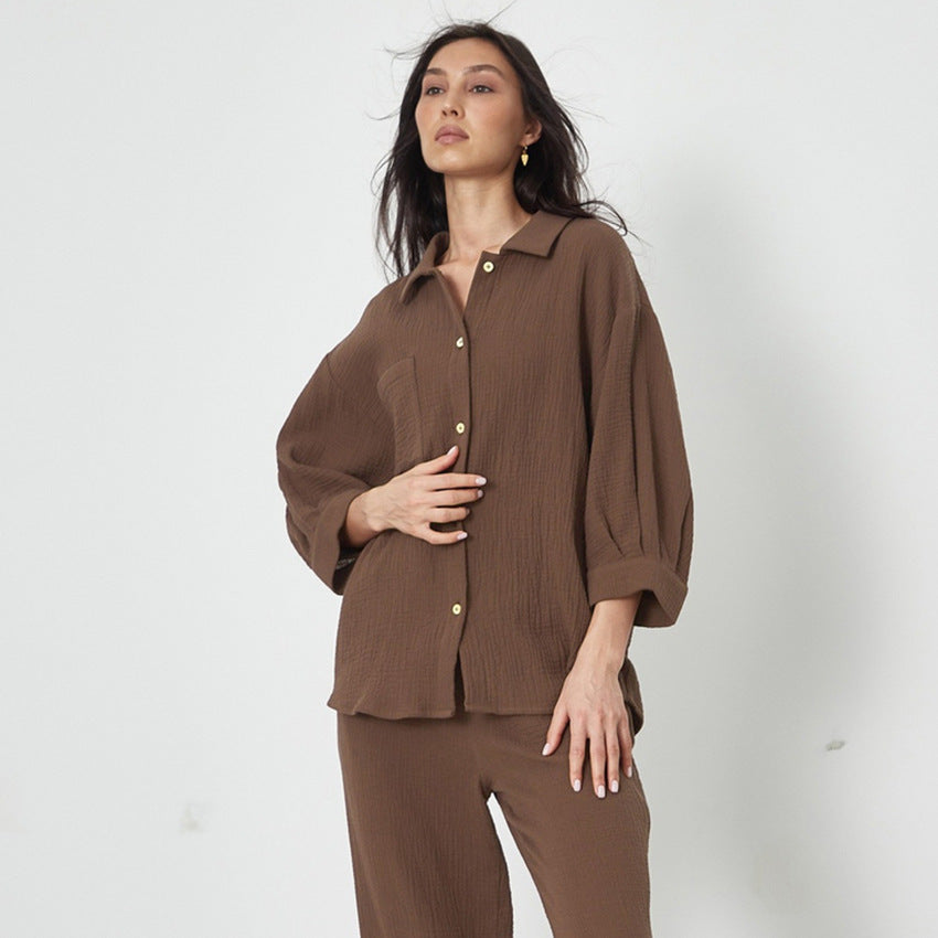 European And American Crepe Pajama Set Loose-fitting Shirt And Trousers