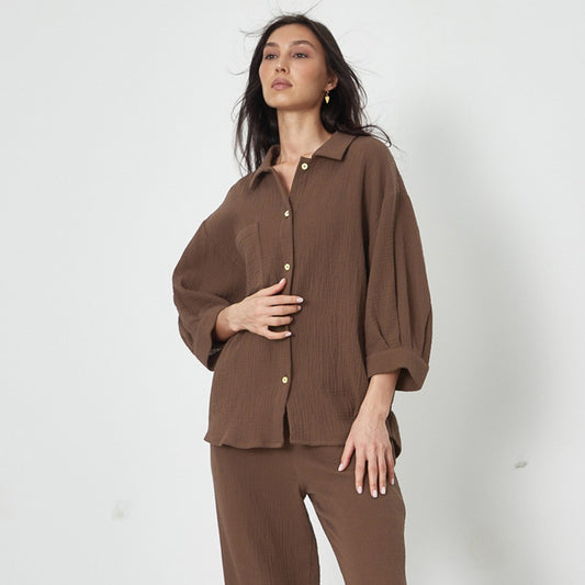 European And American Crepe Pajama Set Loose-fitting Shirt And Trousers