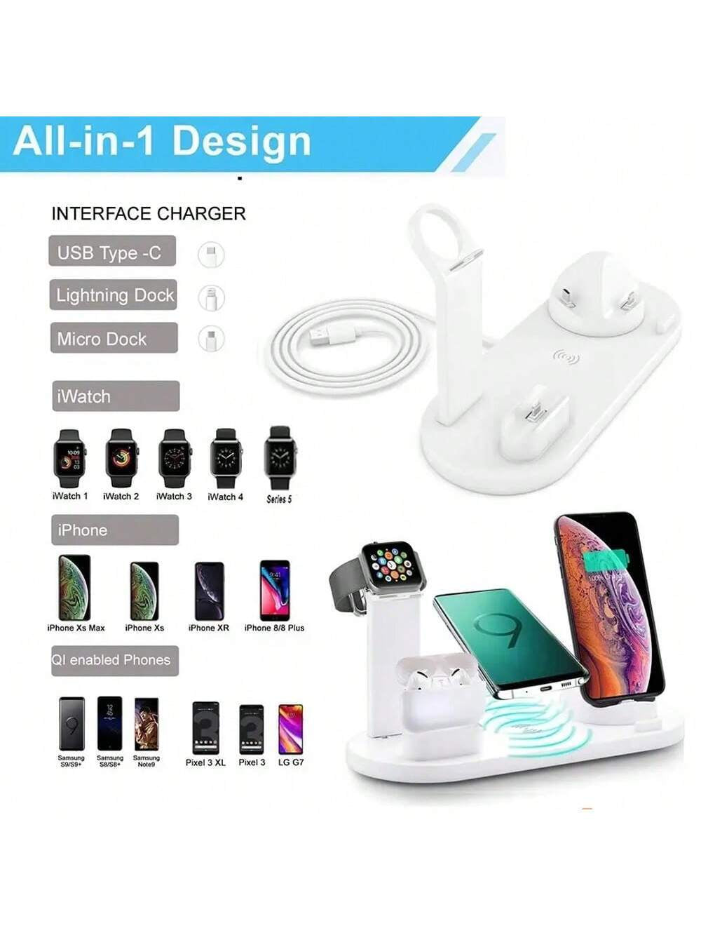 6 in 1 Wireless Charger Stand Pad Compatible with Iphone Apple Watch Airpods Desk Phone Chargers Fast Charging Dock Station Compatible with Iphone Multiple Devices Compatible with Iphone Compatible with Apple Watch 1-8, Compatible with Airpods 3/2/Pro, Compatible with Iphone, Ipad, Android Phone Gifts Compatible with Iphone 16 15 14 13 12 11 X 8 Pro Max/Pro/Mini/Plus, Compatible with Watch Compatible with Airpods Suitable for Office, Dorm, and Home