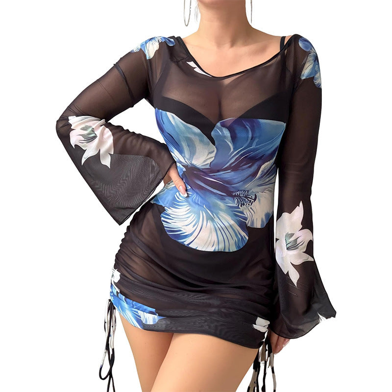Mesh Long-sleeve Flared-sleeve Short Skirt
