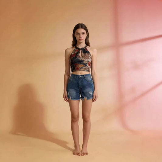 Ripped Monkey-Style Fringe Casual EuropeanAmerican-Style Denim Shorts