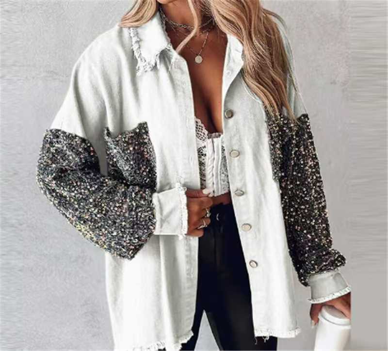 Loose Casual Sequin Denim Tassel Shirt Coat