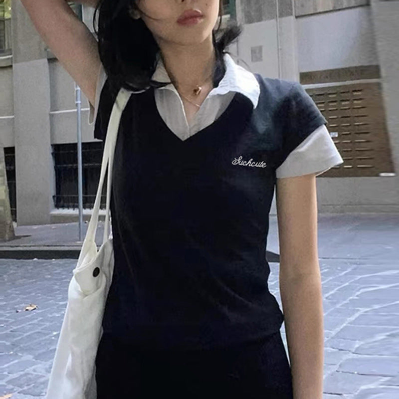 American College Style Polo Collar Stitching Fake Two Pieces Short Sleeve