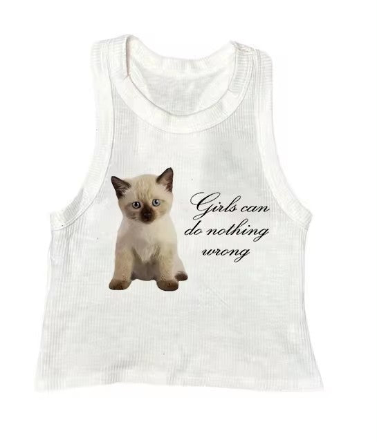 Cute Cat Letter Print Vest Sling Girl Slim Fit