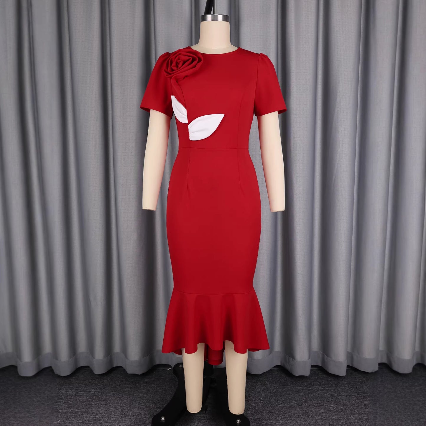 Red 3D Floral Short-Sleeve Dress For Women
