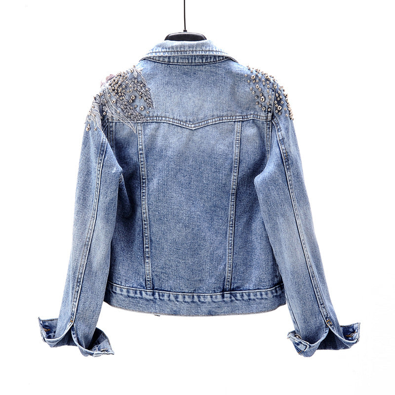 Jaqueta jeans de manga longa com flores bordadas pesadas