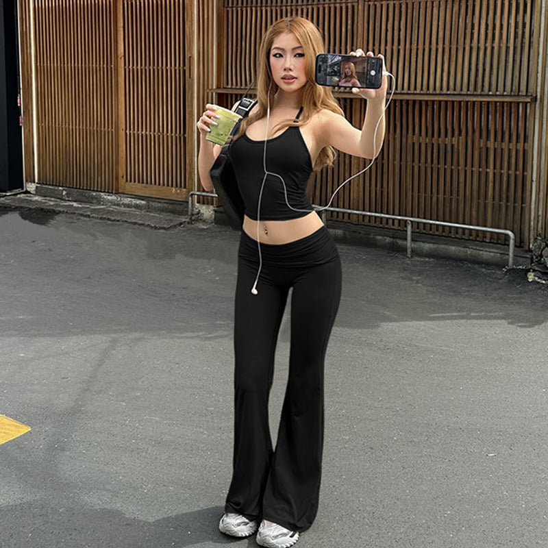 New Sexy Midriff-baring Halterneck Tank Top And Slim-fit High-waisted Flared Pants Set