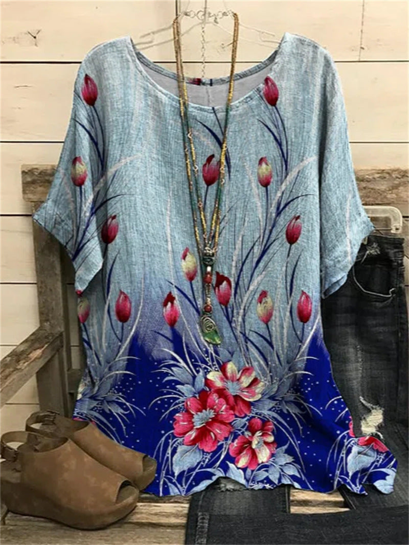 Pattern Printed Loose Short Sleeve Round Neck Shirt
