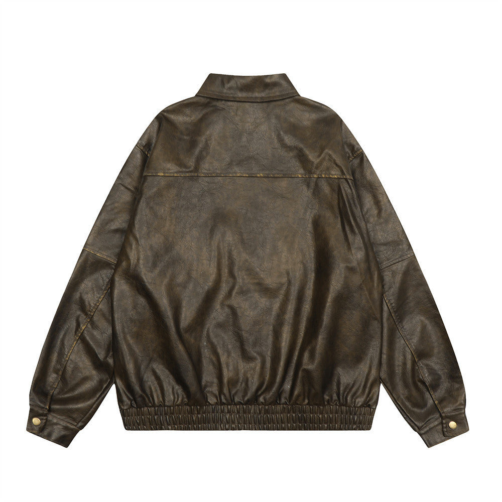 Vintage Distressed PU Leather Jacket Men's High Street
