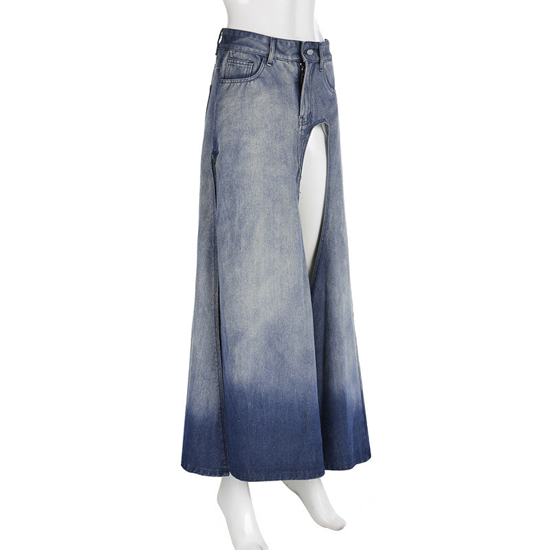 Irregular Slit A- Line Denim Skirt
