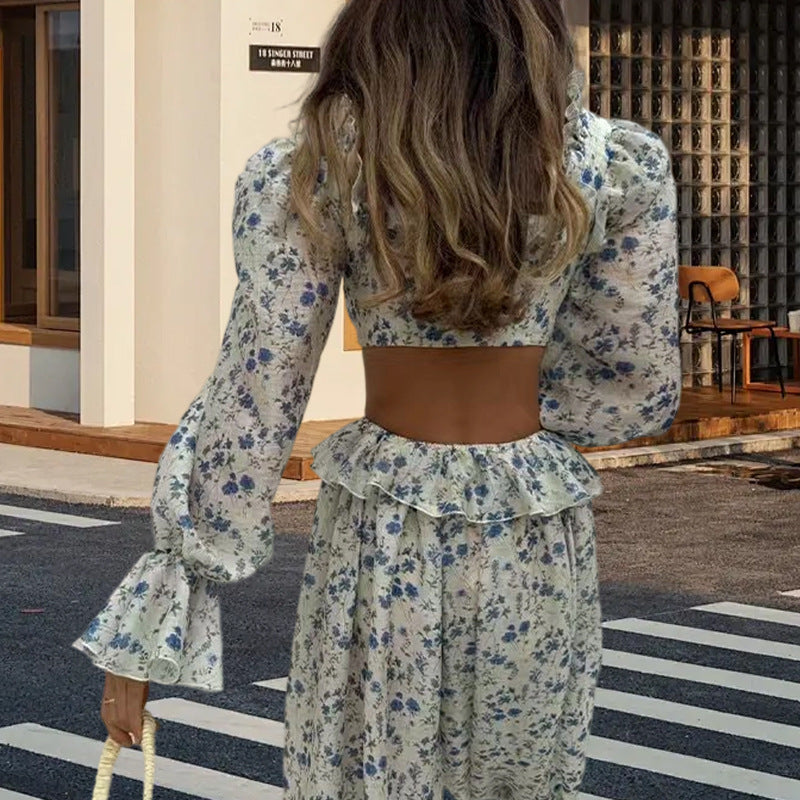 Floral Print Long Sleeve Waist Drawstring Floral Pants Two-piece Set