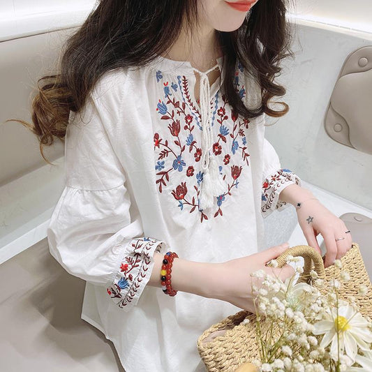 Womens Embroidered Lace-Trimmed Collar Puff-Sleeve TopBlouse