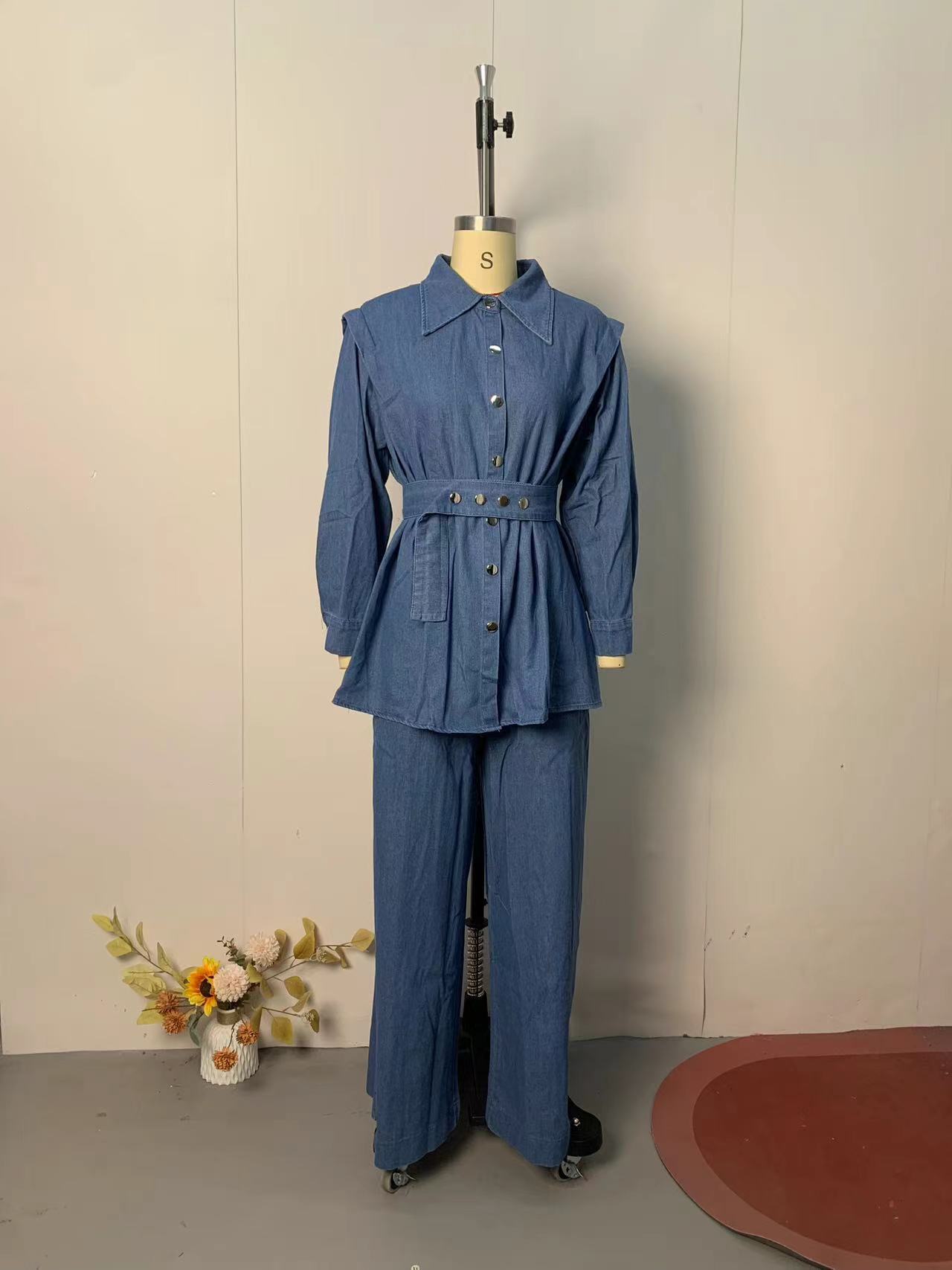 Womens Long-Sleeve Denim Jacket And Wide-Leg Jeans Two-Piece Set