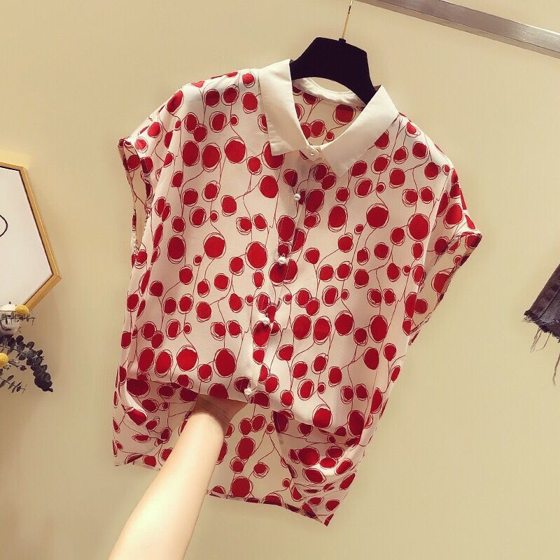 French Style Polka Dot Chiffon Shirt Short Sleeve Top