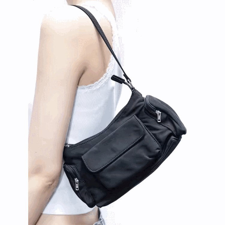Black Nylon Underarm Shoulder American Retro Bm Versatile Double Pocket Bag