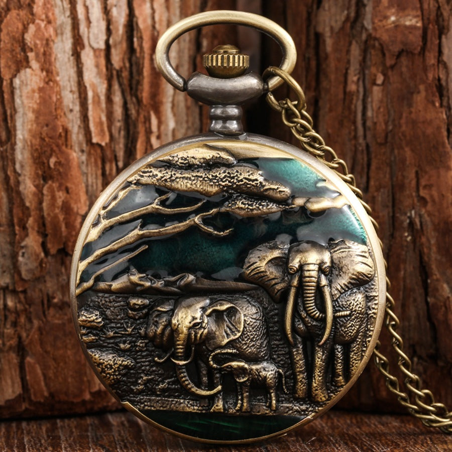 Elephant Pattern Quartz Pocket Retro Flip Casual Pocket Watch