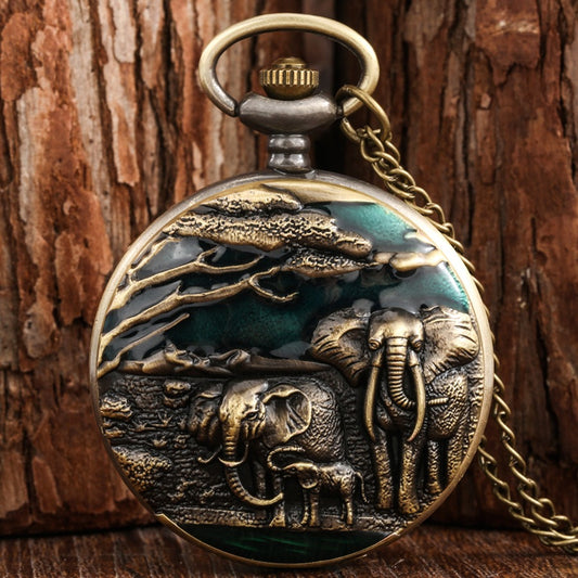Elephant Pattern Quartz Pocket Retro Flip Casual Pocket Watch