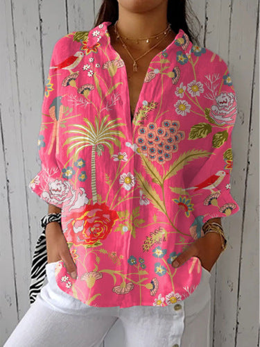 Womens Casual Long Floral-print Top