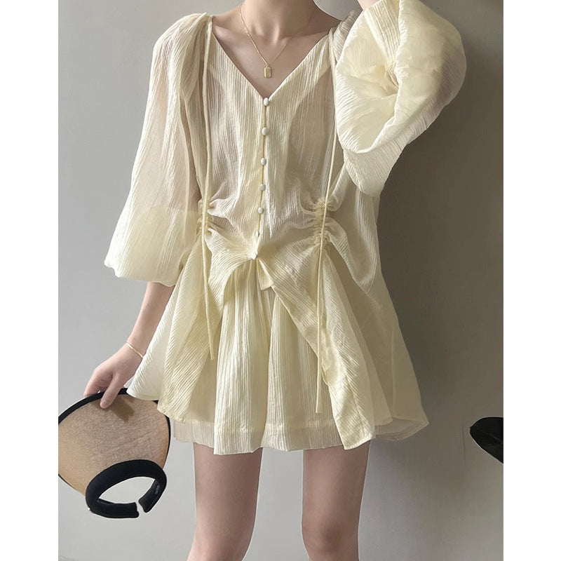 Korean-style V-neck Lace-up Shirt And Wide-leg Shorts Two-piece Set For Women