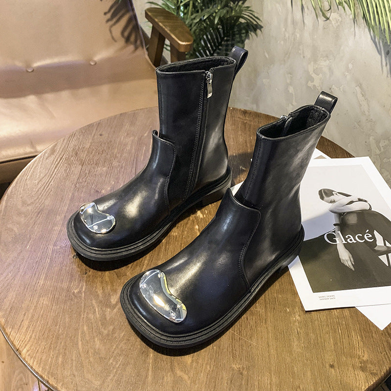 Women's Square Toe Metal Buckle Flat Martin Boots Side Zipper