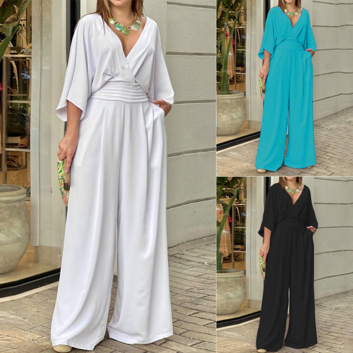 Kvinders Jumpsuit V-hals Ensfarvet Sommer Trendy Mode Kortærmet Street Casual Jumpsuit Sæt Til Kvinder Tøj