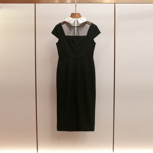 Elegant Contrasting-Color Bow-Tie Collar Beaded Backless Maxi Dress With Side Slit
