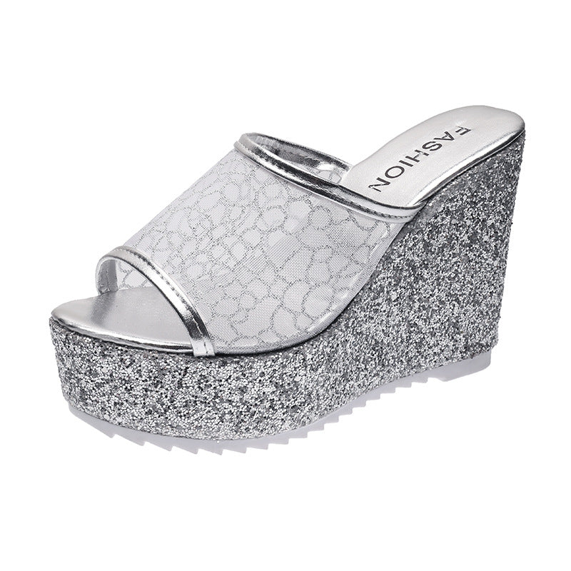 Women's Slope Heel Fishmouth Mesh Slippers