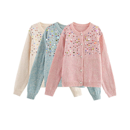 Fashion Girl Color Sequined Knitted Sweater Cardigan Coat