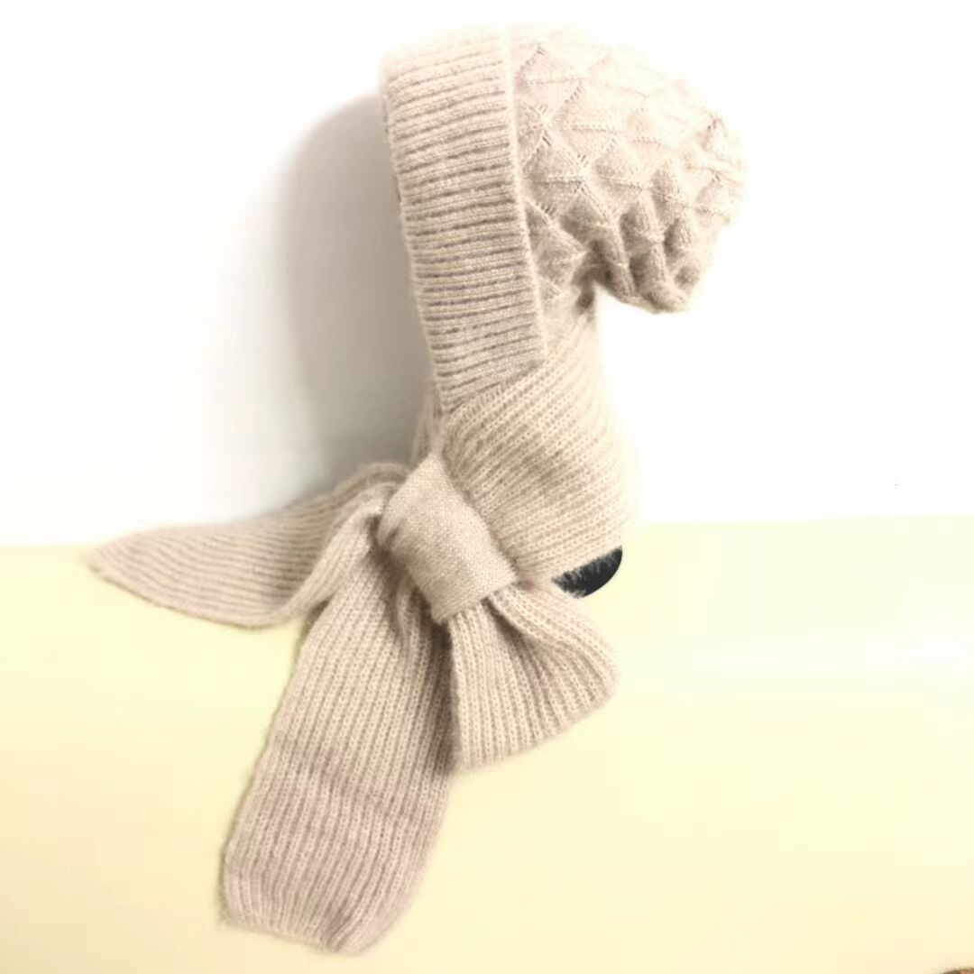 Women's  One-piece Hat With Scarf Warm Thickened Ears Protection  Woolen Cap