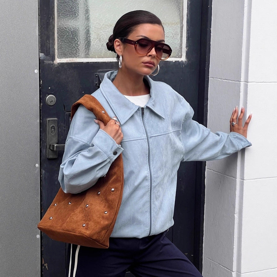 European And American Blue Suede Coat