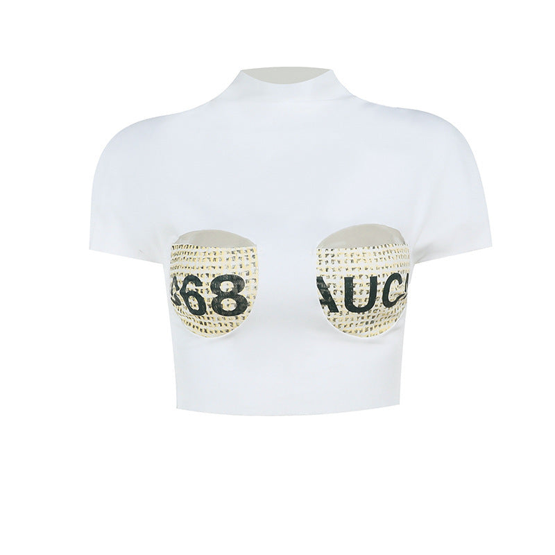 Half Turtleneck Printed Sexy Hollow Short Sleeve