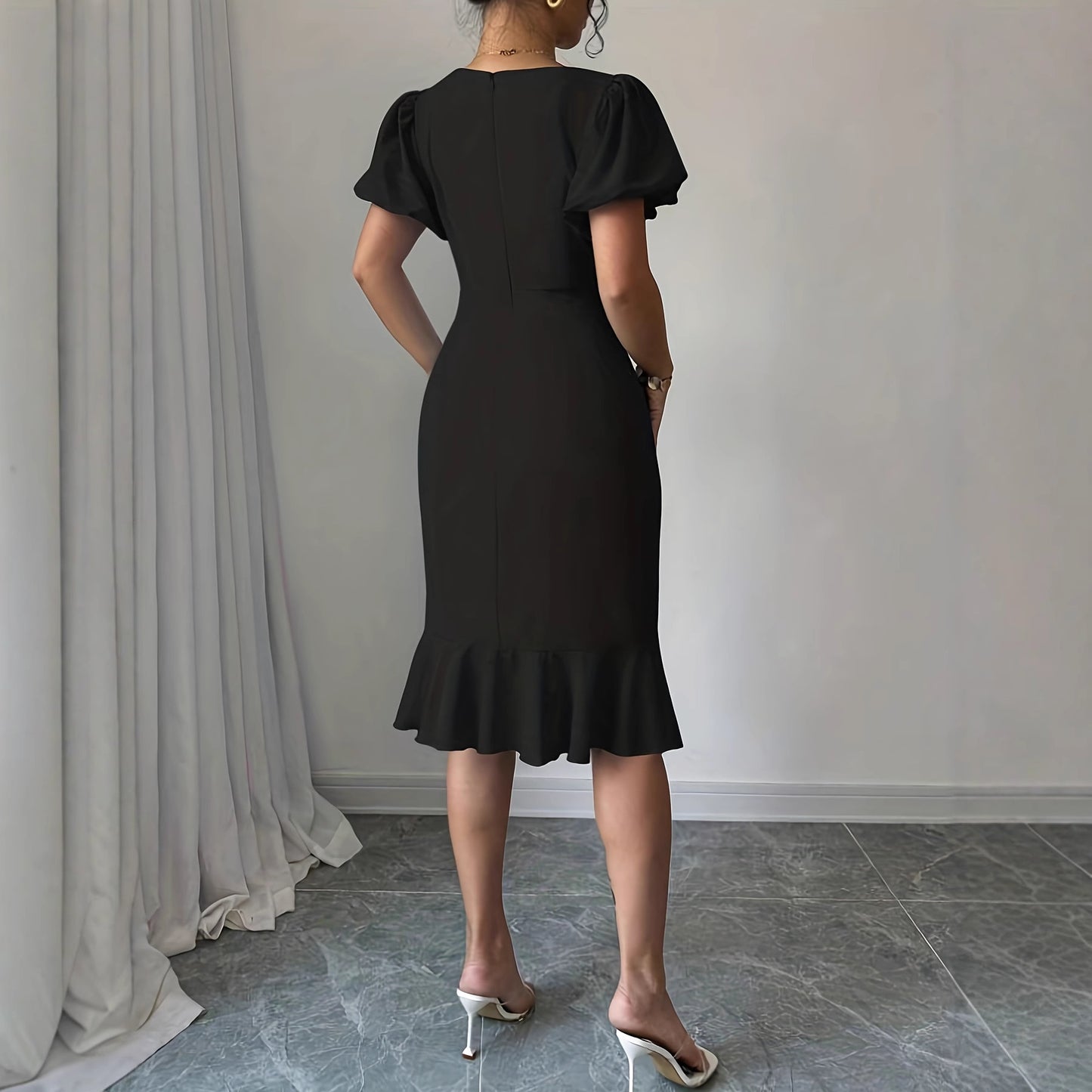 Solid-color Bubble-sleeve Mermaid Slimming Dress