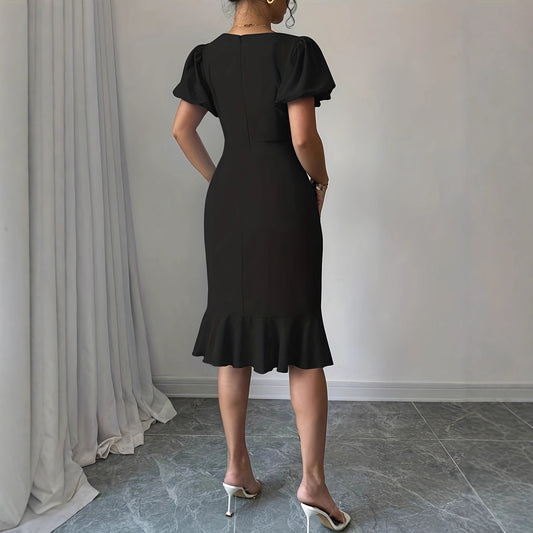 Solid-color Bubble-sleeve Mermaid Slimming Dress