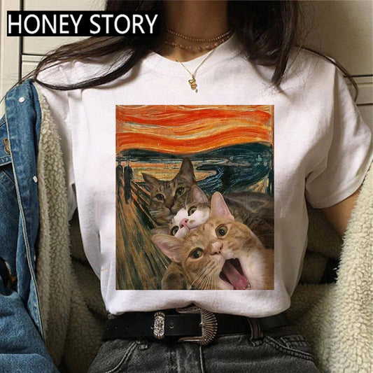 Kitten Print Round Neck Women's Loose Short Sleeve T-shirt