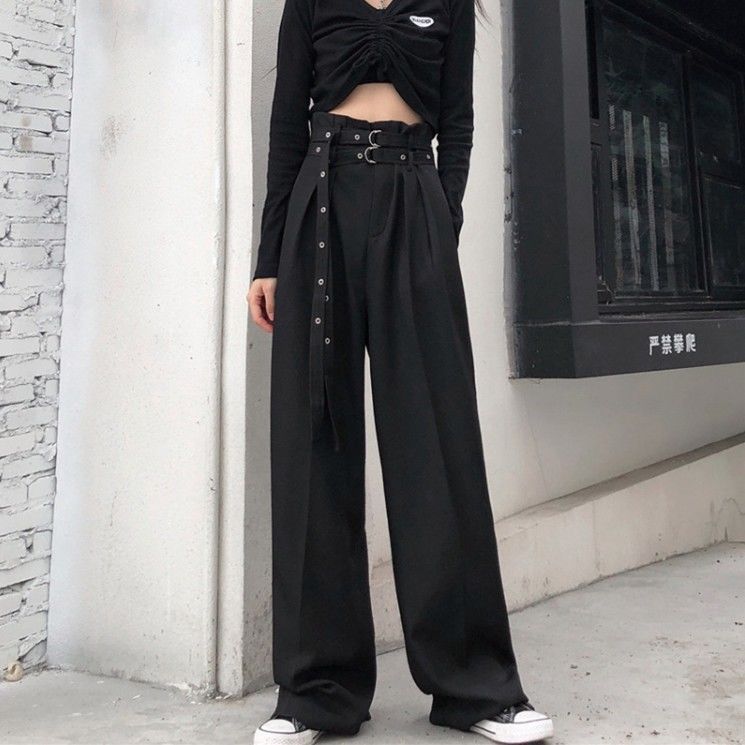 Women's High Waist Slim Black Straight Pants Casual Pants