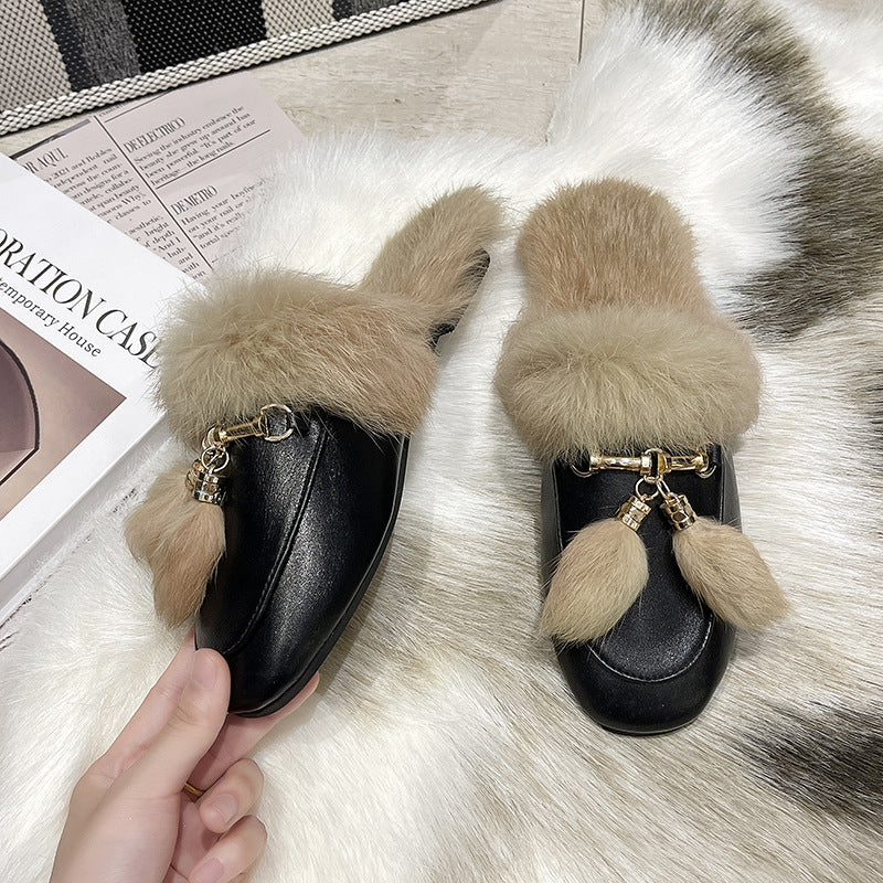 Rabbit Fur Suede Half Slippers Leather Fur Ball Flat Fur Shoes