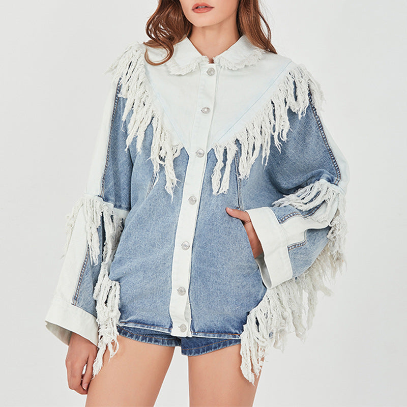 Black And White Stitching Tassel Single-breasted Design Loose Denim Jacket
