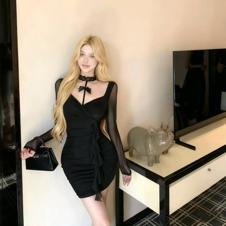 Sheer Alluring And Sexy V-neck Low-cut Long-sleeve Bodycon Waist-cinching Slip Dress