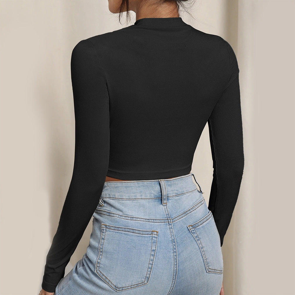 Sexy Slim-fit Hollow-out Bust Cup Short High-neck Long-sleeve Top For Women