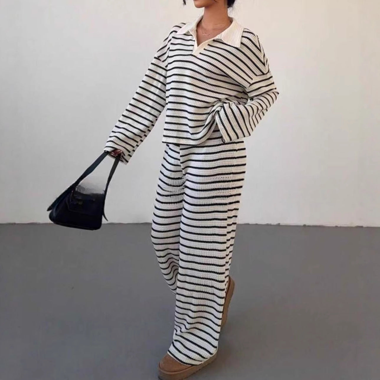 Striped Lapel Fashionable Knitted Loose Long Sleeve Top Casual Trousers Suit