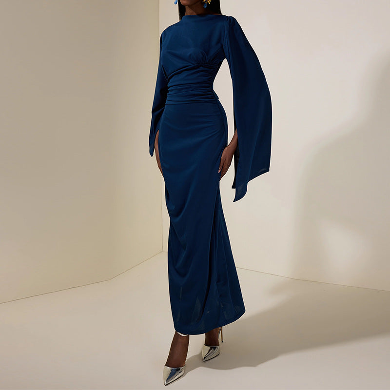 Round-neck Fitted-waist Blue Sheath Dress With An Elegant Fashionable Mid-length Design