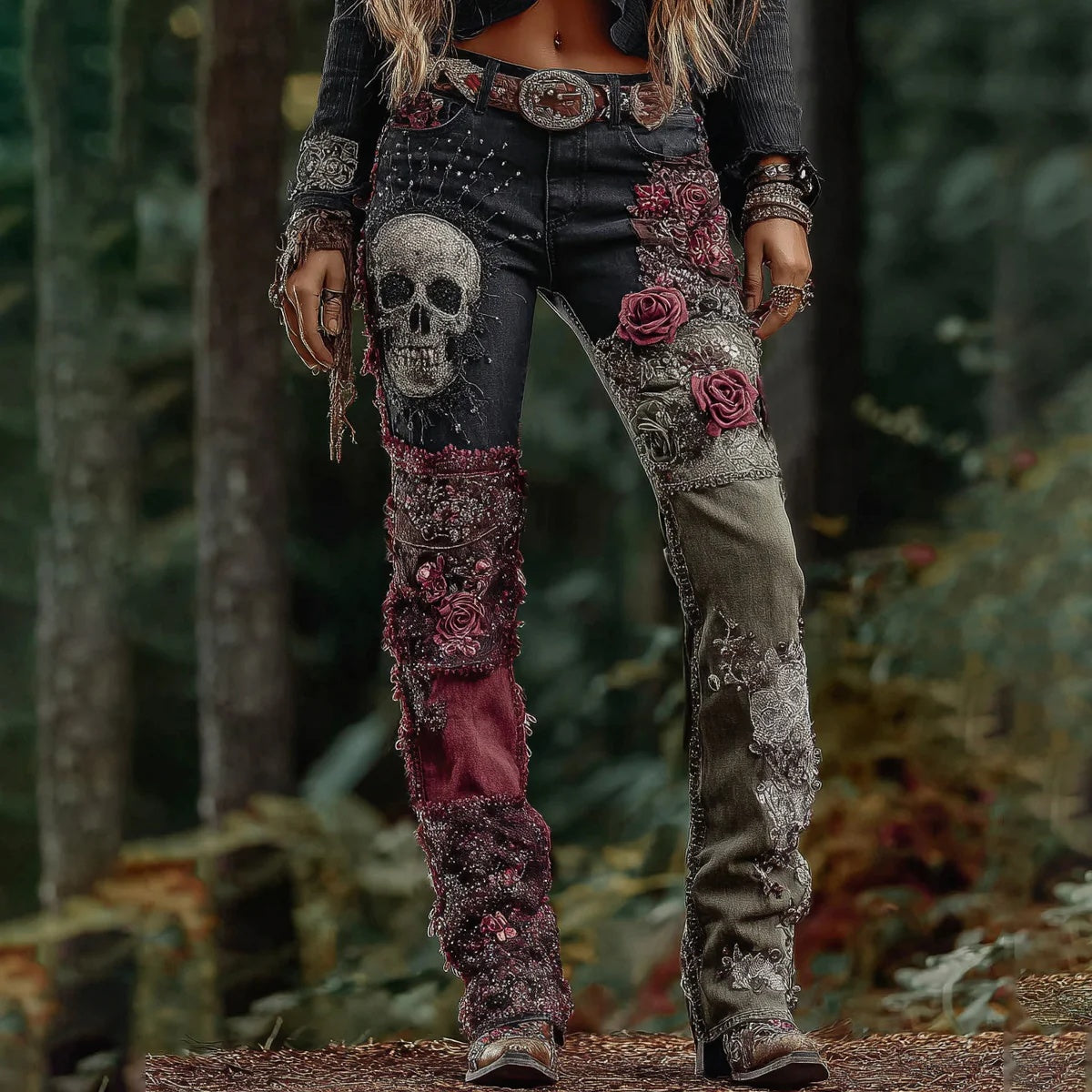 Womens Colorful Floral Faux Denim Pants