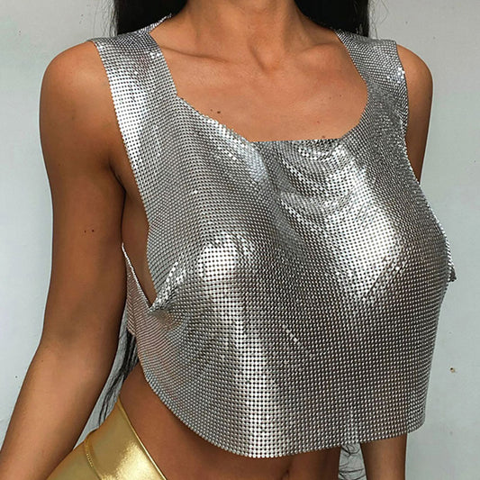 Summer Fashion Womens Metallic Halterneck T-shirt From Europe And The US