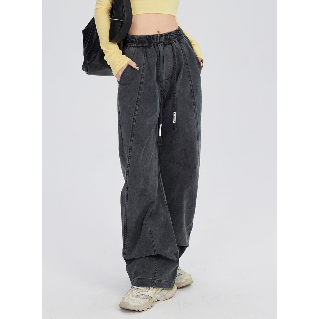 Retro Washed Distressed Drawstring Elastic Waist Jeans