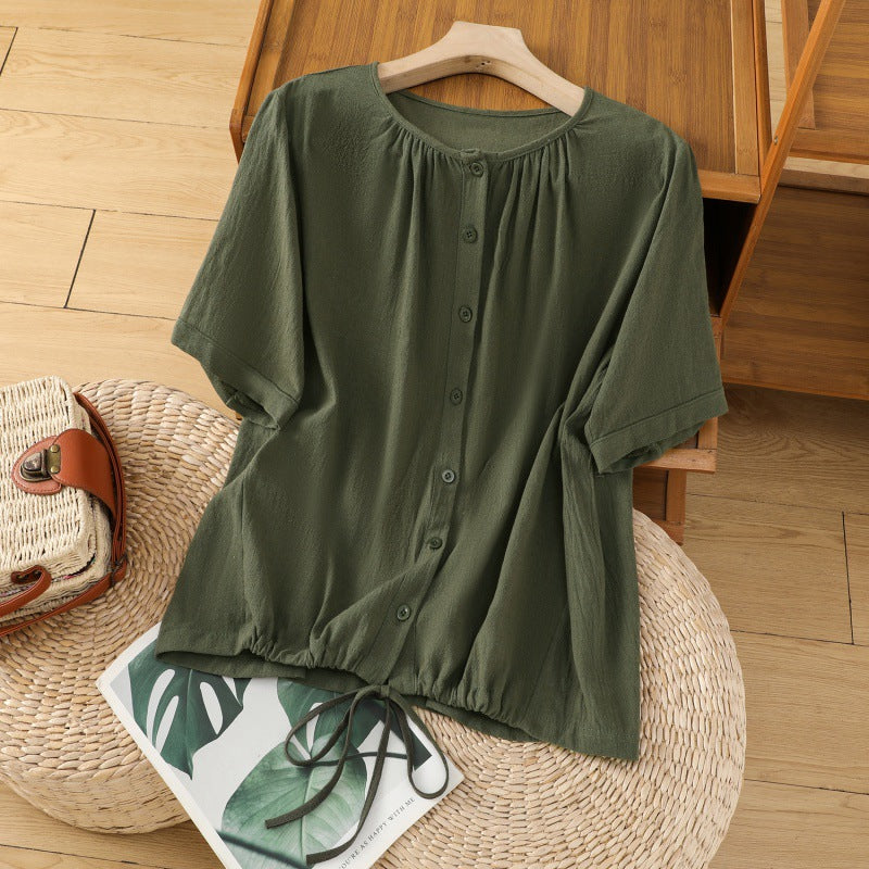 Womens Retro Drawstring Swing Sand-Washed Linen Top With A Crew Neck