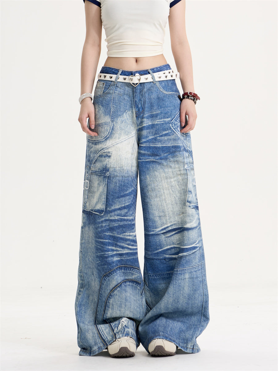 Amerikanske Retro Sweet Cool Printede Vidde Ben Jeans Dame Løse Slankende