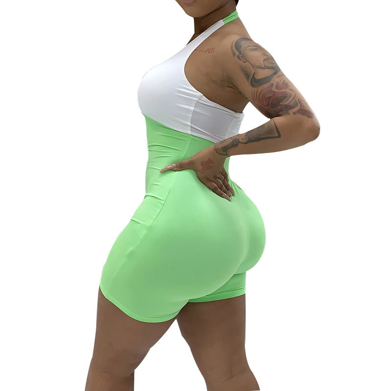 Women's Contrast Color Halter One-piece Shorts
